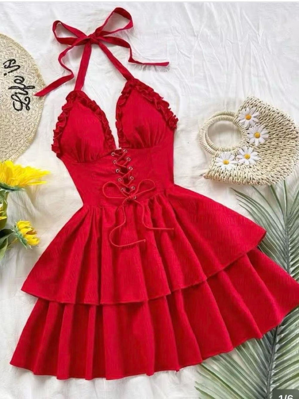 SHEIN Red Halter Lace-Up Ruffle Tiered Mini Dress Coquette Party